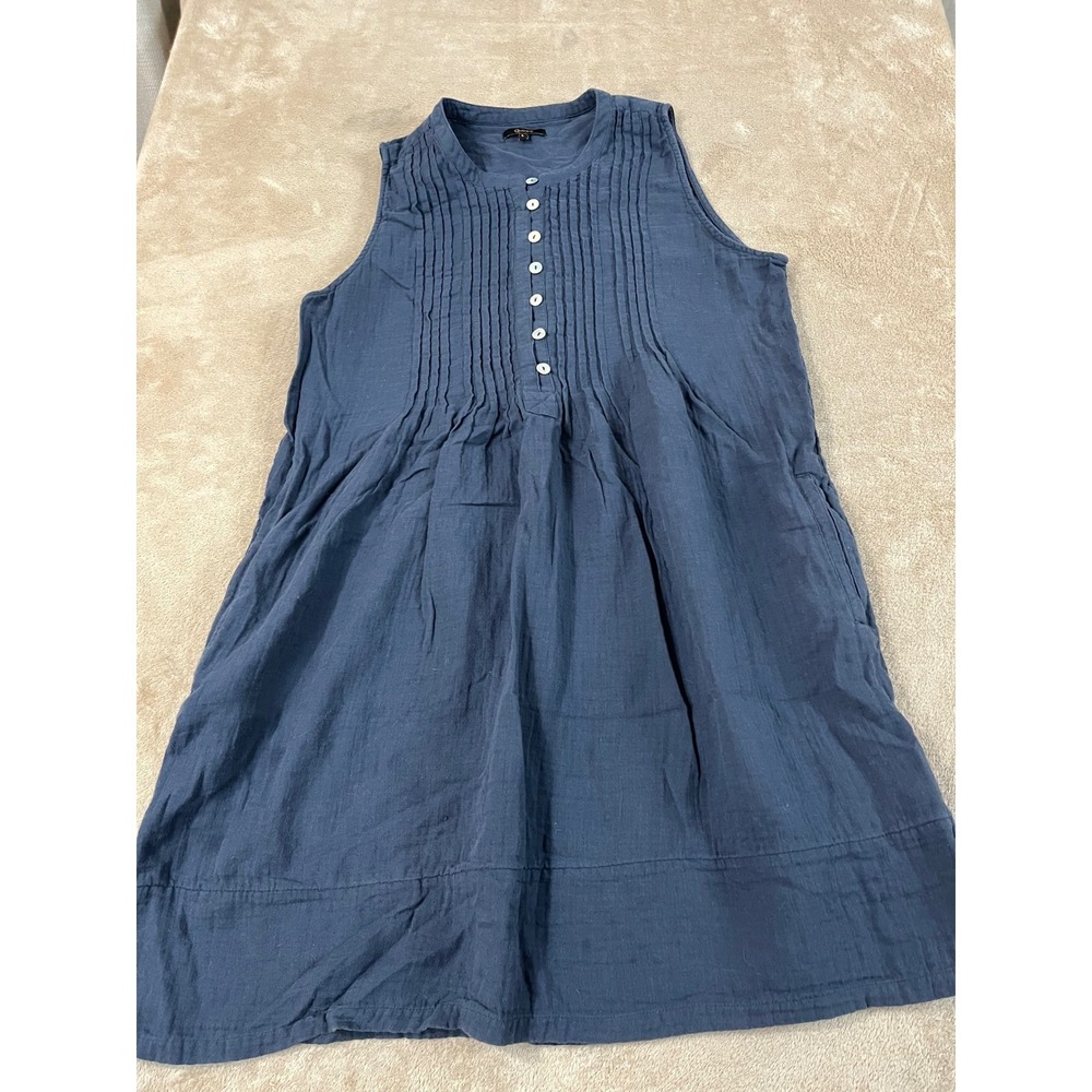 Quince Women 100% Organic Cotton Gauze Sleeveless Swing Dress Blue Large EUC